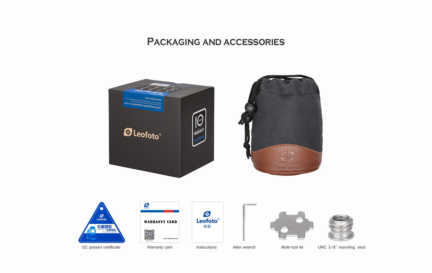 Leofoto Tripod Head accessories including packaging, warranty card, and multi-tool kit