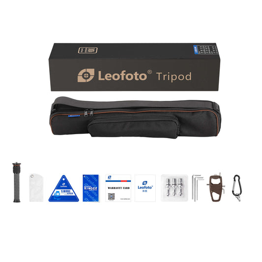 Leofoto tripod with ball head in a carrying case along with accessories and warranty card
