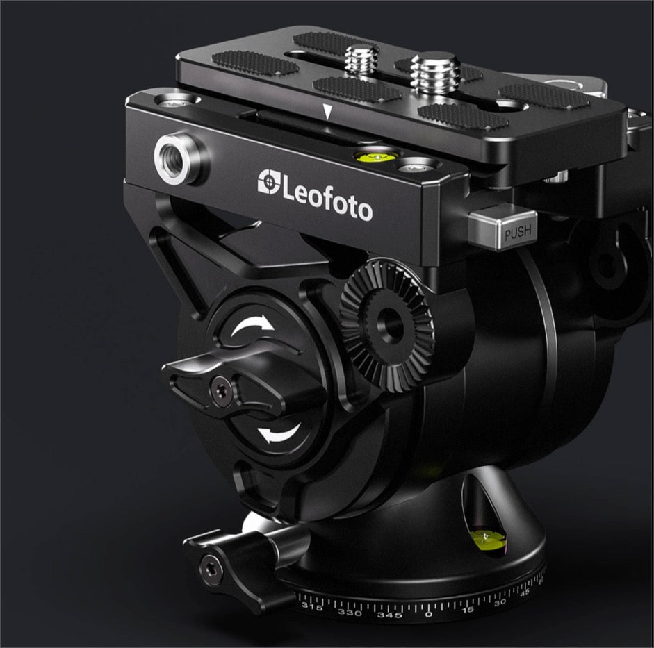 Leofoto video fluid head for tripods with adjustable controls and quick-release plate