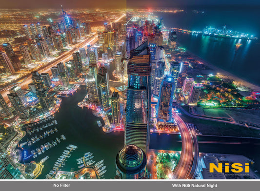 Comparison image showing a vibrant city skyline at night with and without NiSi Natural Night Filter