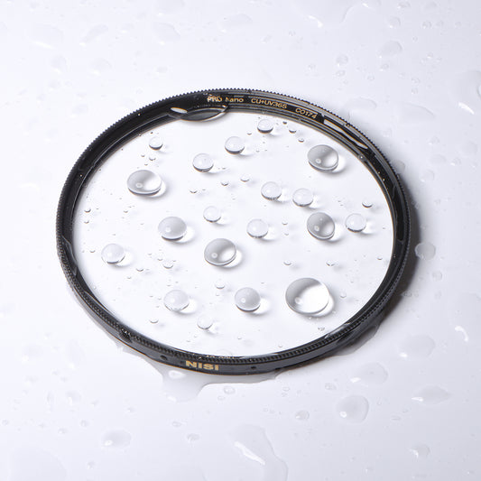 NiSi PRO Nano HUC UV professional camera UV filter with water droplets on surface