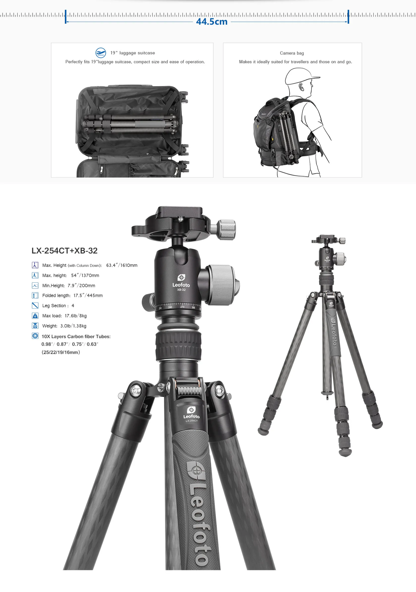 Leofoto LX-254CT Urban Series 4 Section Carbon Fibre Tripod with XB-32 Ball Head