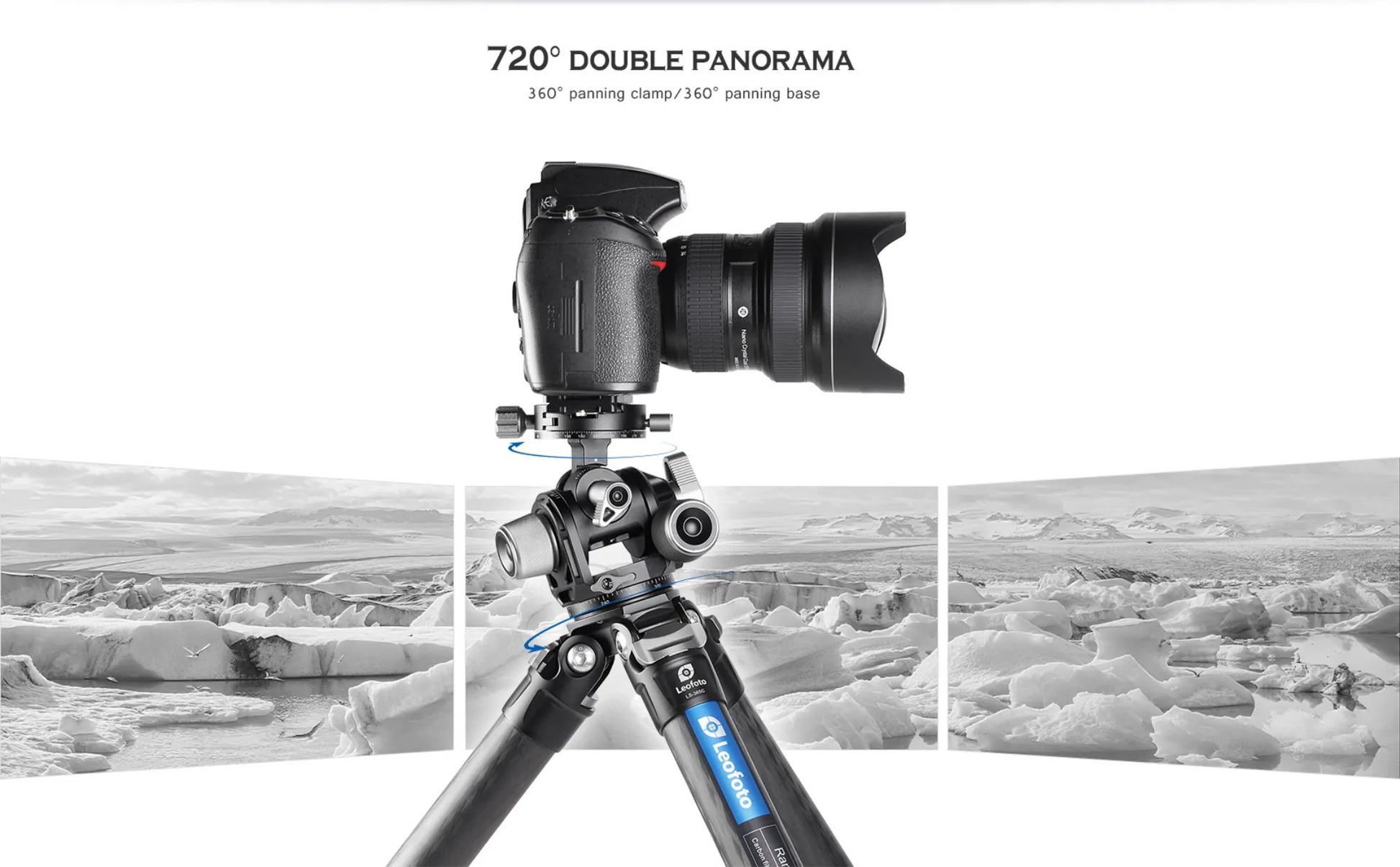Leofoto 3-axis geared tripod head offering 720-degree double panorama for precise photography
