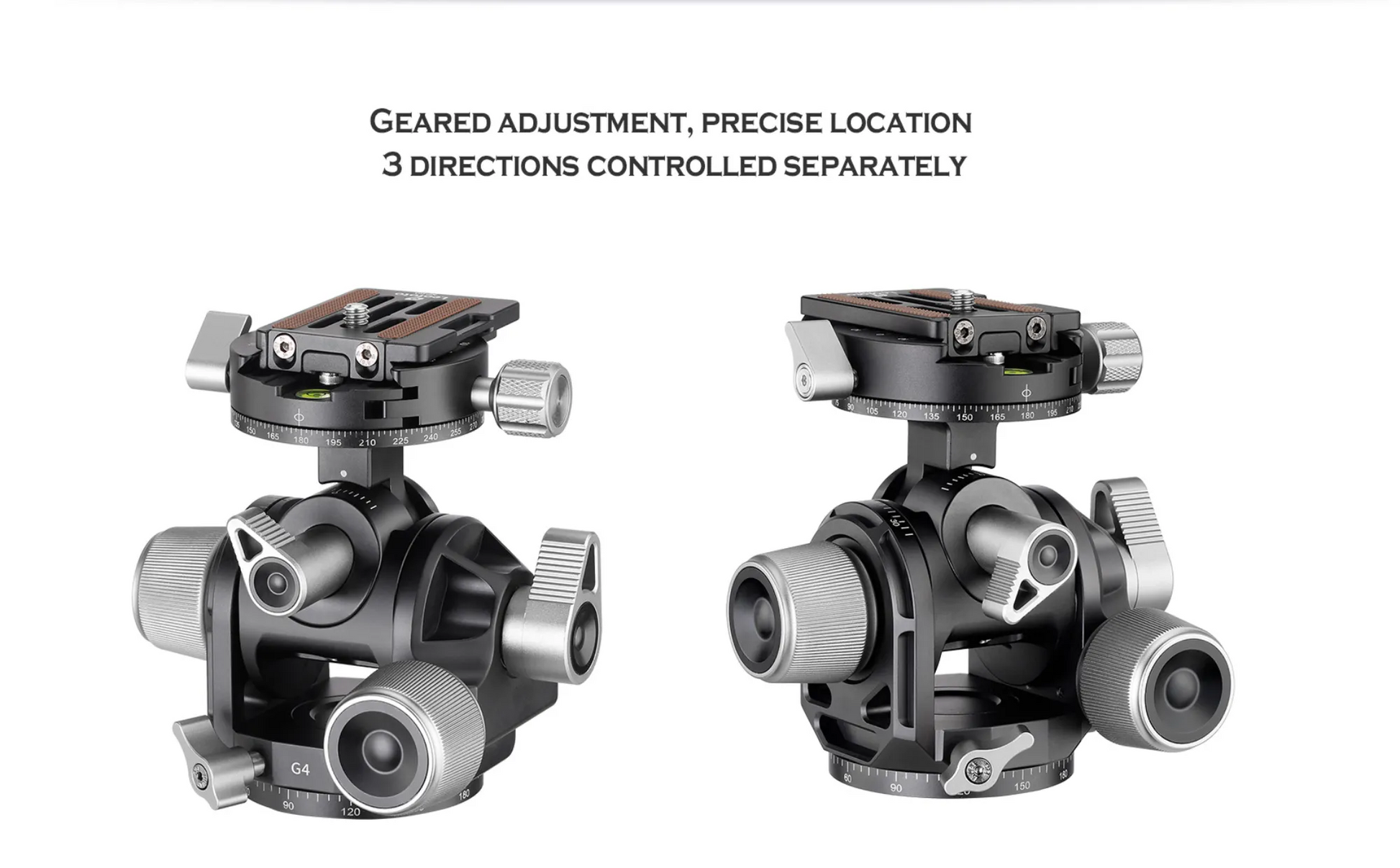 Leofoto 3-axis geared tripod head featuring precise location controls for three directions