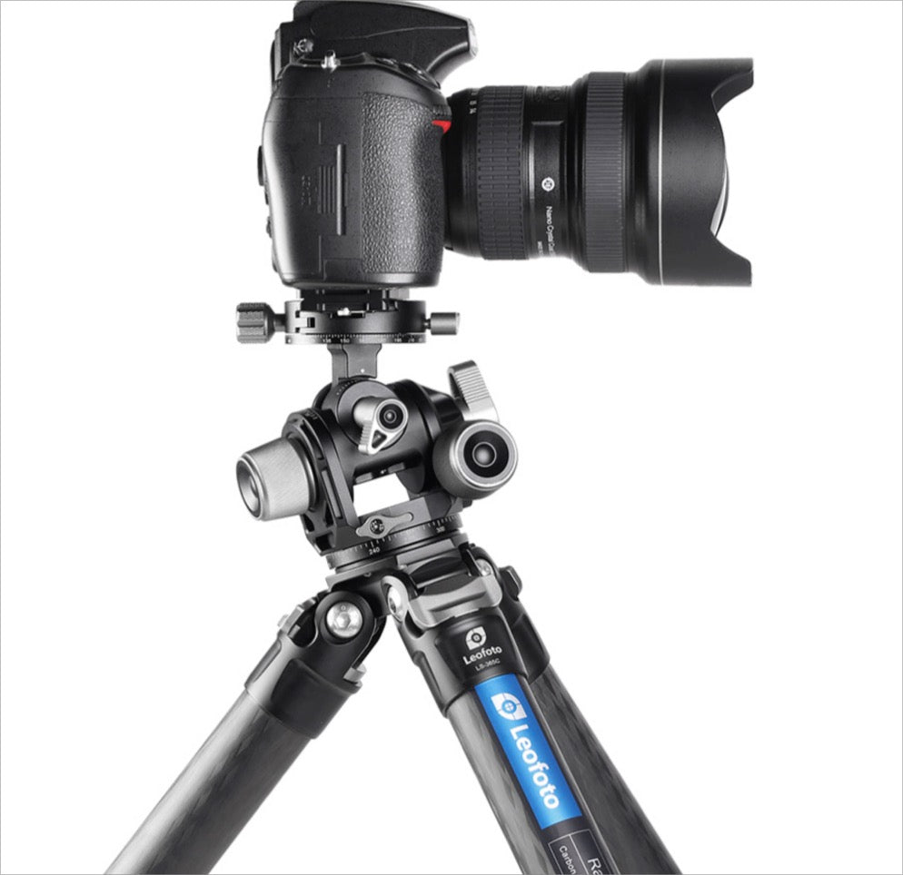 Leofoto 3-axis geared tripod head with precision controls for stable photography
