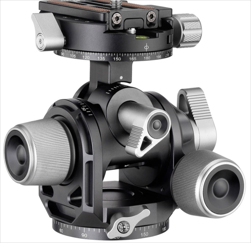 Leofoto 3-axis geared tripod head featuring precision controls for smooth camera adjustments