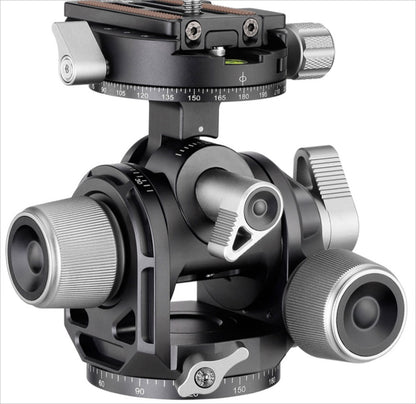 Leofoto 3-axis geared tripod head featuring precision controls for smooth camera adjustments