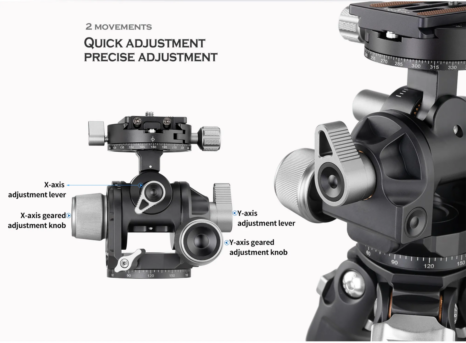 Leofoto 3-axis geared tripod head with quick adjustment levers for precise camera positioning