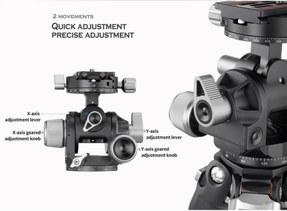 Leofoto 3-axis geared tripod head with quick adjustment levers for precise camera positioning