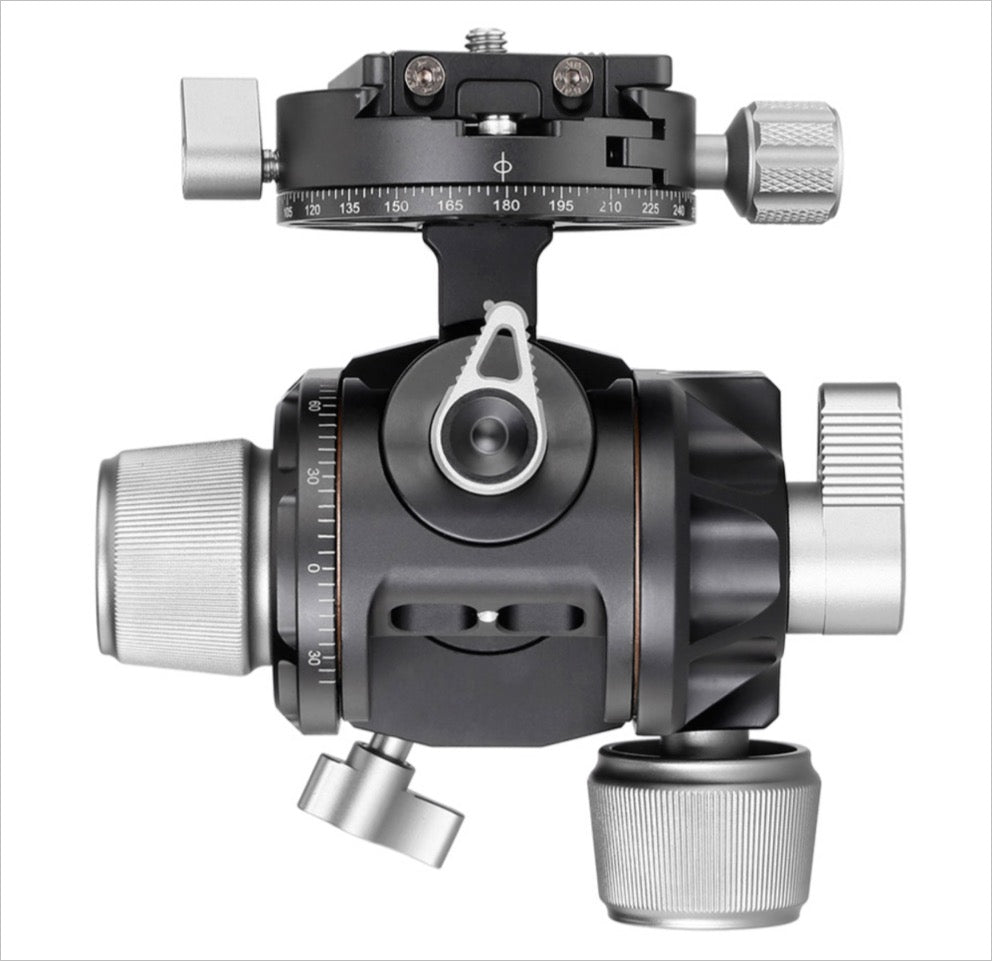 Leofoto 3-axis geared tripod head with fine-tuning knobs for precise adjustments