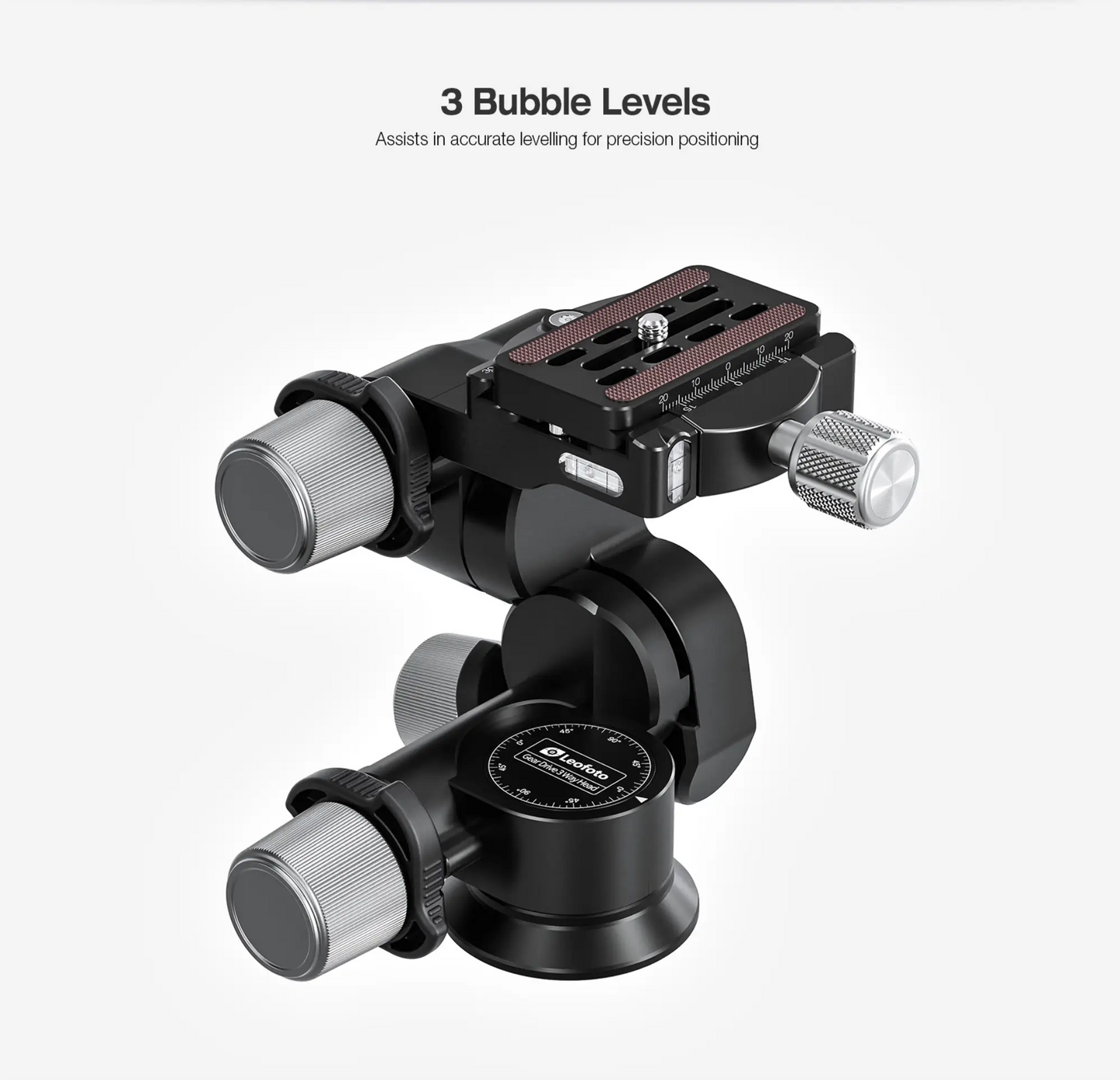 Leofoto 3-way geared tripod head with three bubble levels for precise camera positioning