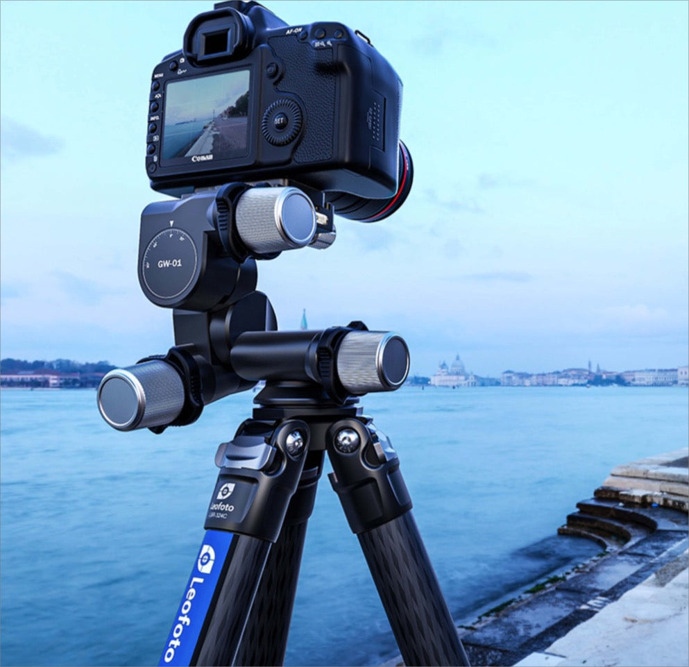 Leofoto 3-way geared tripod head with camera for precise adjustments and stability in outdoor photography