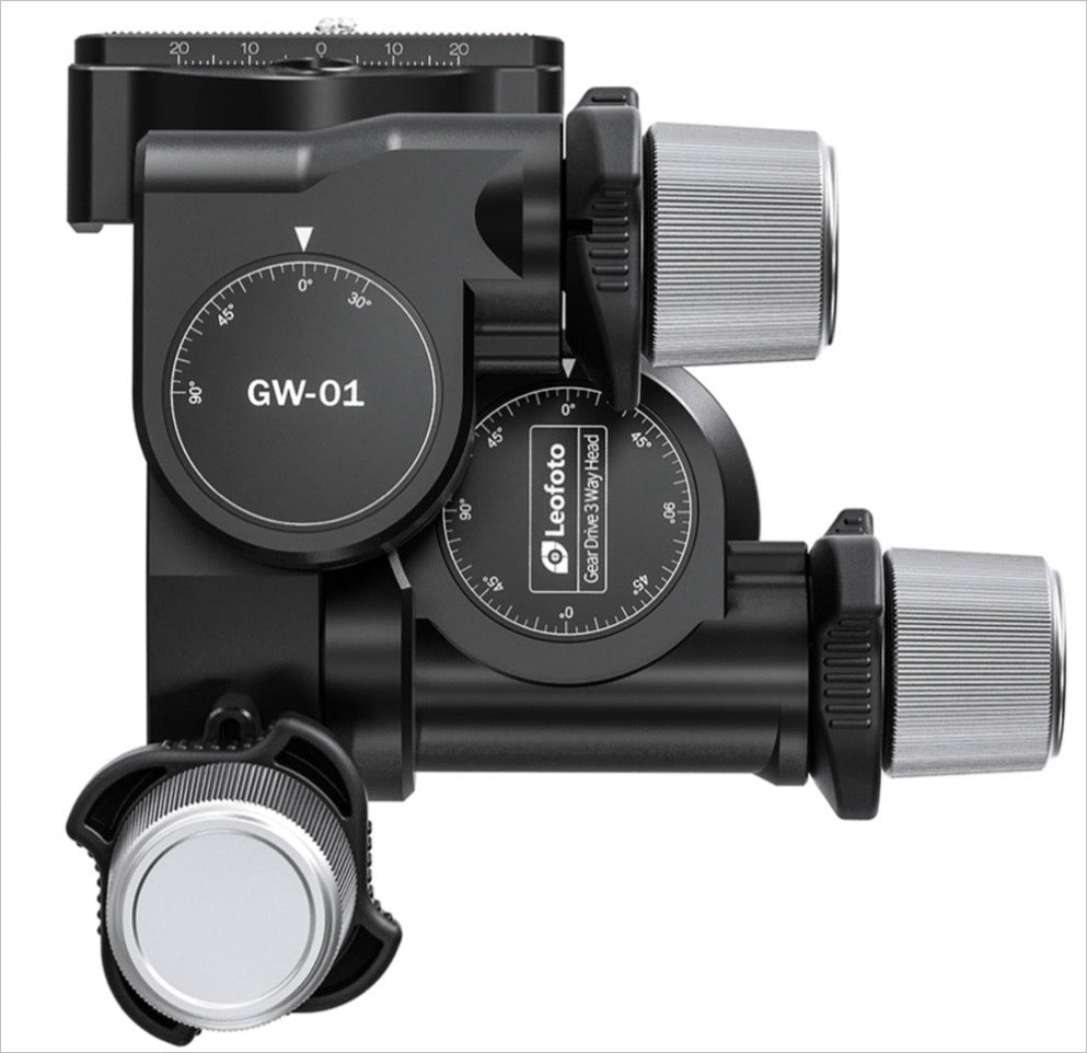 Leofoto 3-way geared tripod head with precise controls for easy camera adjustments