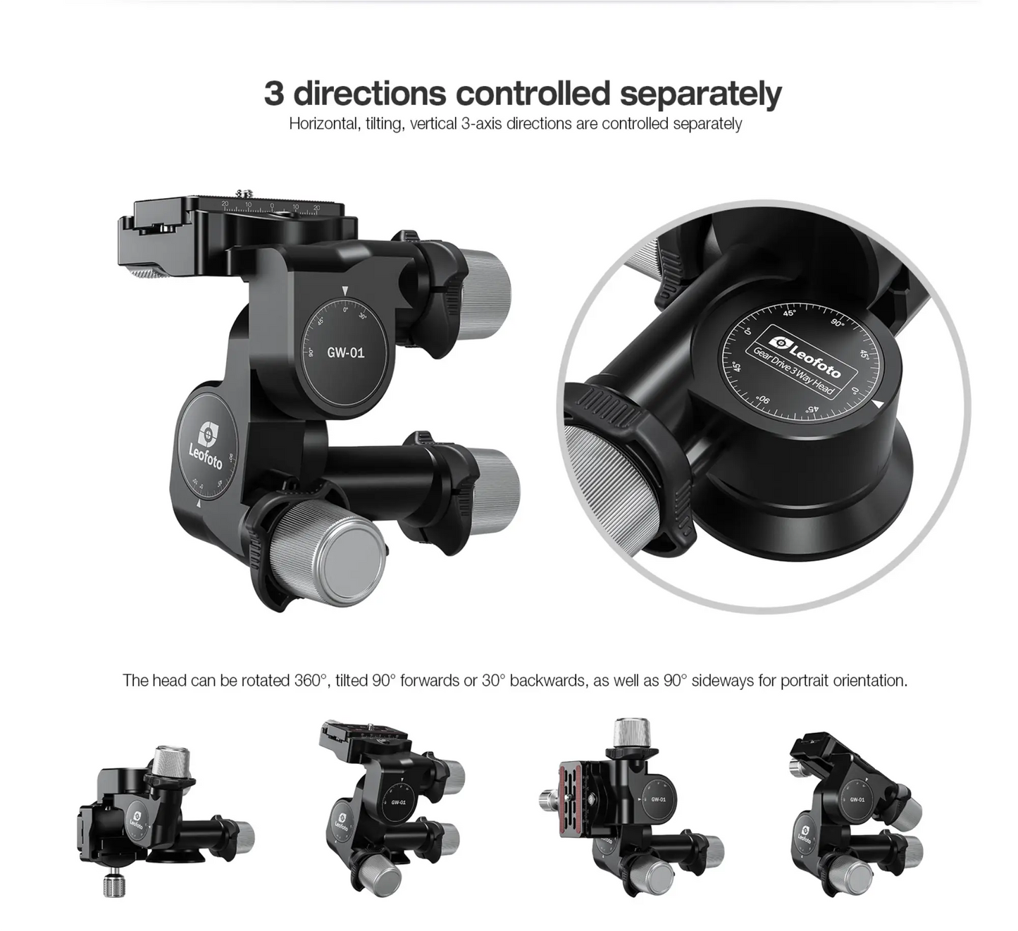 Leofoto 3-way geared tripod head with separate controls for horizontal and vertical adjustments