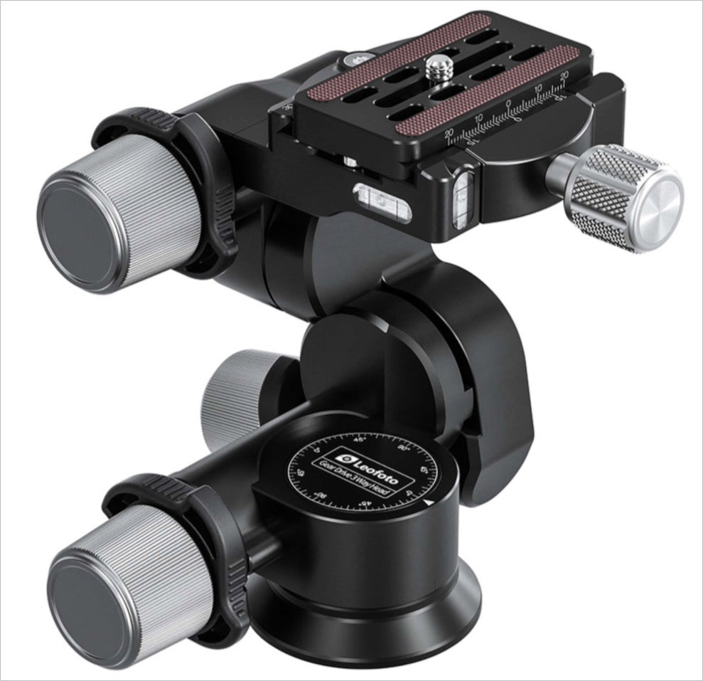 Leofoto 3-way geared tripod head with precise control knobs for smooth adjustments