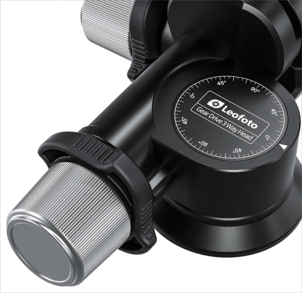 Leofoto 3-way geared tripod head with precise adjustment knobs for stable photography