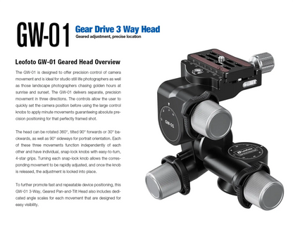 Leofoto GW-01 3-way geared tripod head with precise adjustment knobs for photographers
