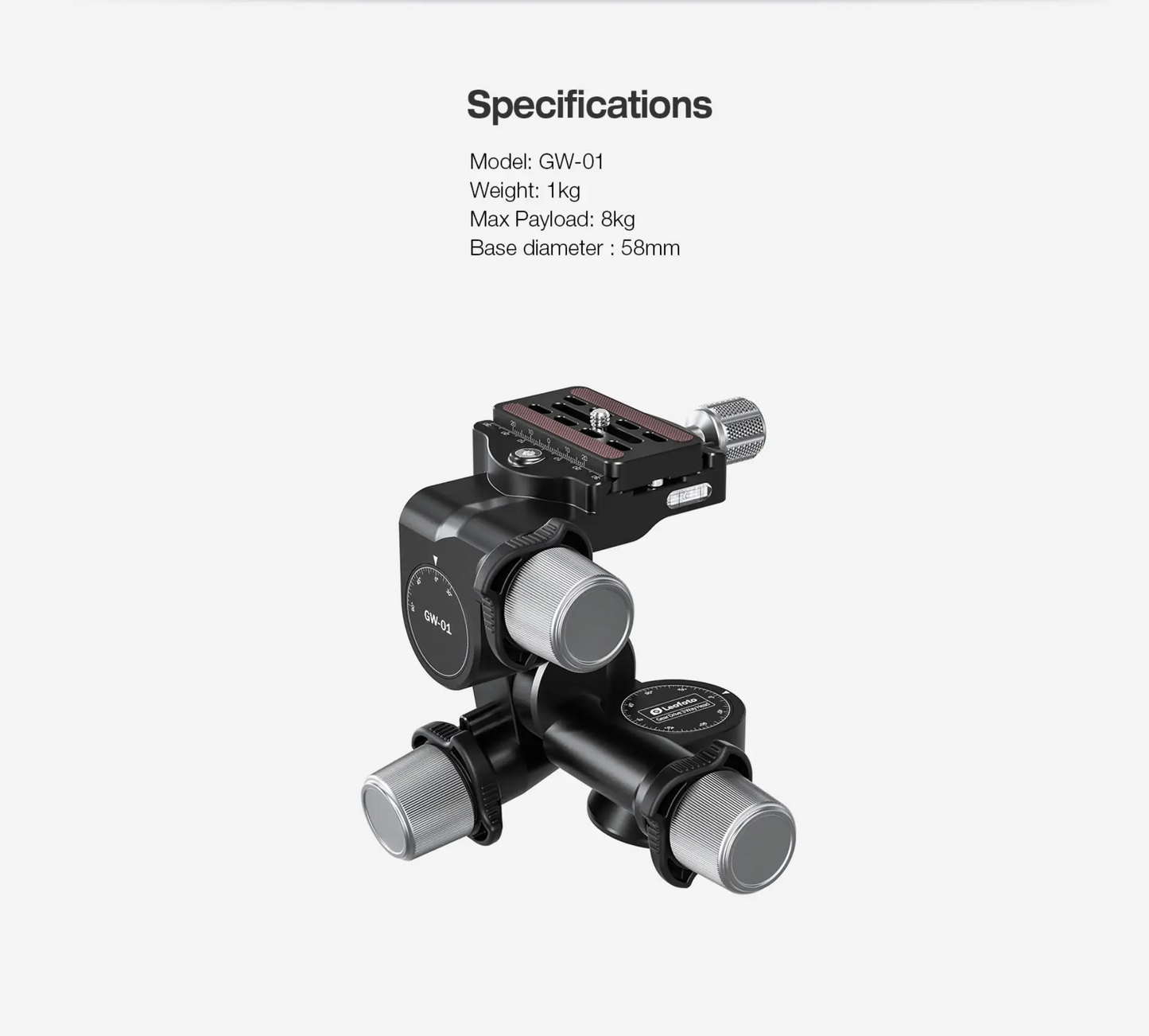 Leofoto 3-way geared tripod head with adjustable controls and specifications for optimal support