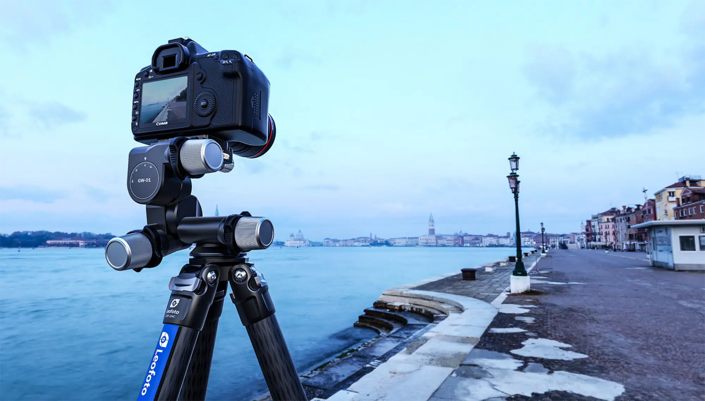 Leofoto 3-way geared tripod head mounted on a tripod overlooking a scenic waterfront view