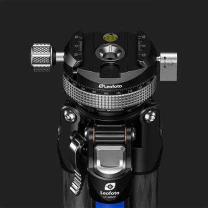 Leofoto tripod head with precision knob and bubble level for a lightweight carbon fibre tripod for travel photography