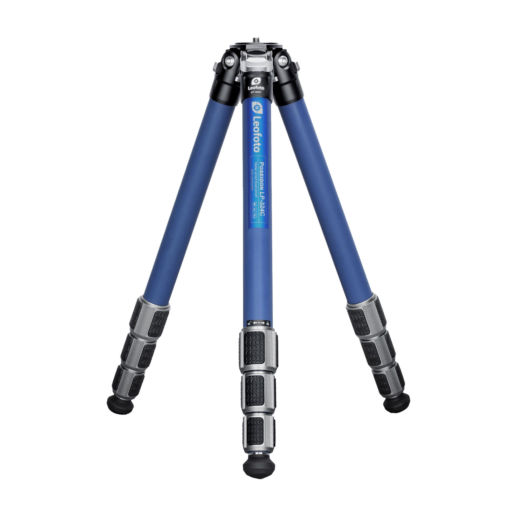 Leofoto LP-324C Poseidon Series water resistant carbon fiber tripod with blue legs and sturdy base