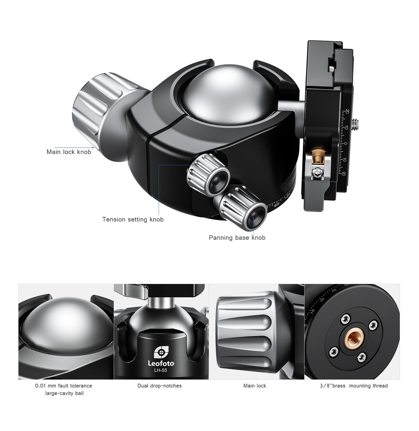 Leofoto Tripod Head with dual drop-notches and tension setting for stable photography