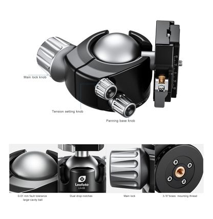 Leofoto Tripod Head with dual drop-notches and tension setting for stable photography