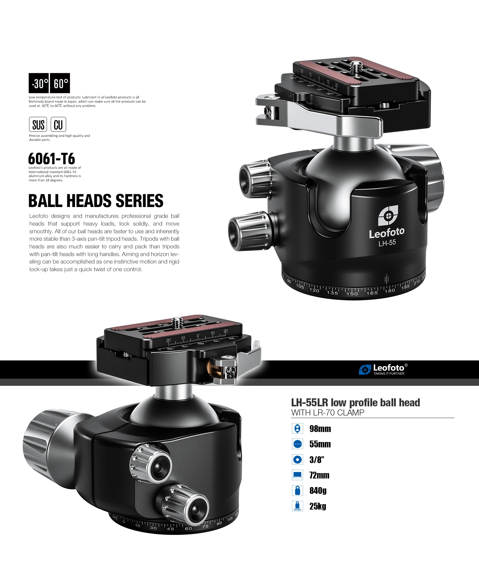 Leofoto LH-55LR Tripod Head with Quick Release Plate and Low Profile Design for Stable Photography