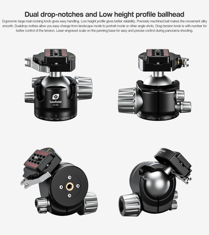 Leofoto Tripod Head with dual drop-notches and low height profile for enhanced stability in photography