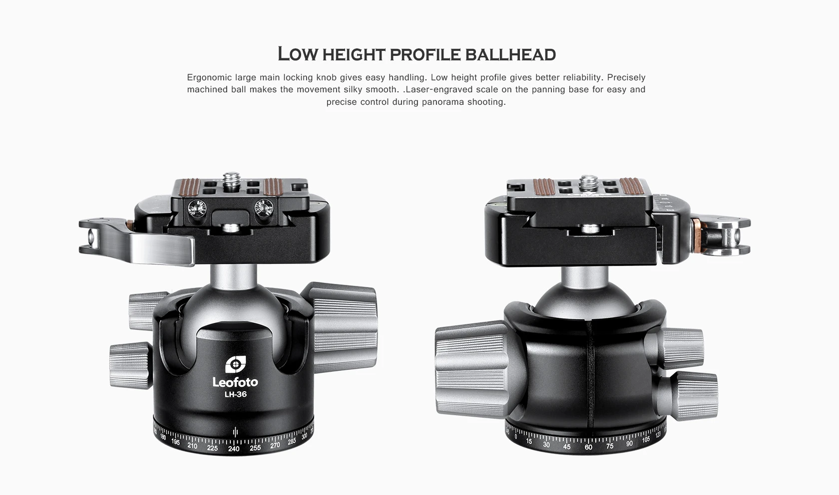 Leofoto Low Height Profile Ballhead Tripod Head with smooth movement and easy locking knob