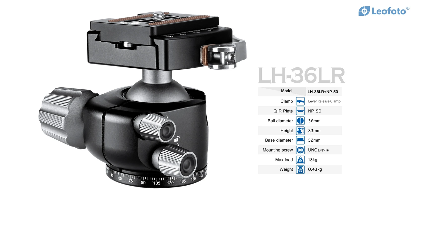 Leofoto Tripod Head LH-36LR with Precision Controls and Quick Release Plate for Stability