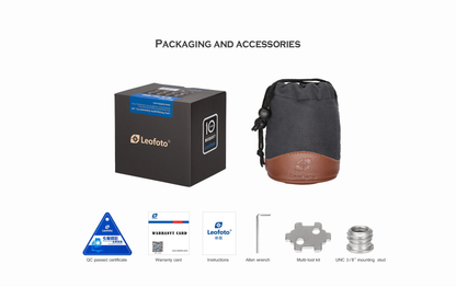 Leofoto Tripod Head accessories including packaging, warranty card, and multi-tool kit