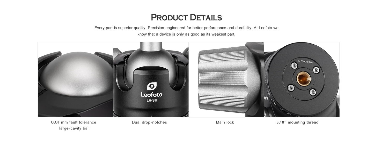 Leofoto Tripod Head with 0.01 mm Tolerance, Dust Drop Notches, and 3/8 Mounting Thread