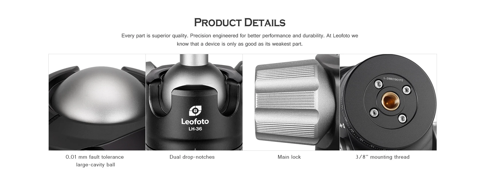 Leofoto Tripod Head with 0.01 mm Tolerance, Dust Drop Notches, and 3/8 Mounting Thread