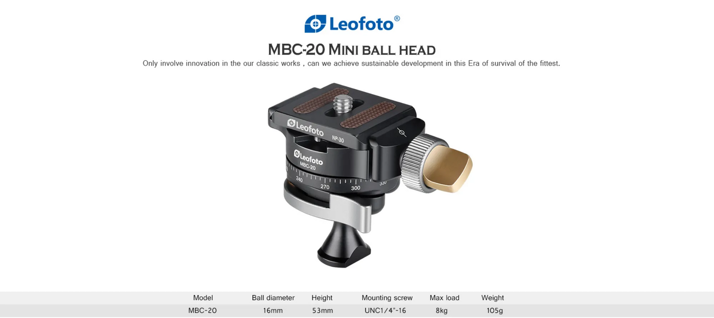Leofoto MBC-20 Mini Ball Head featuring 15mm ball diameter and 150g weight for stable tripod head use