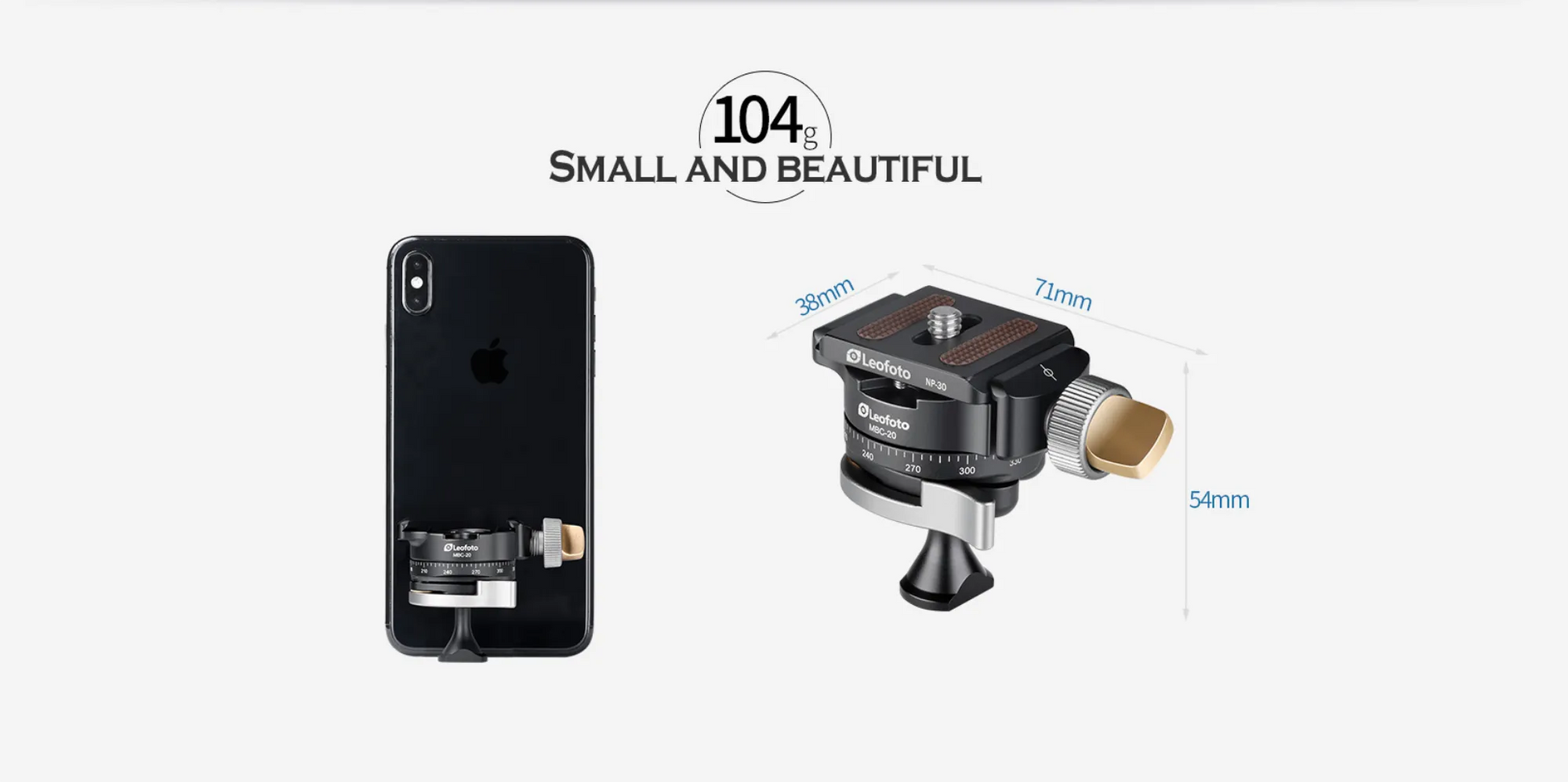 Leofoto Tripod Head compact design for smartphones, featuring adjustable knobs for easy setup
