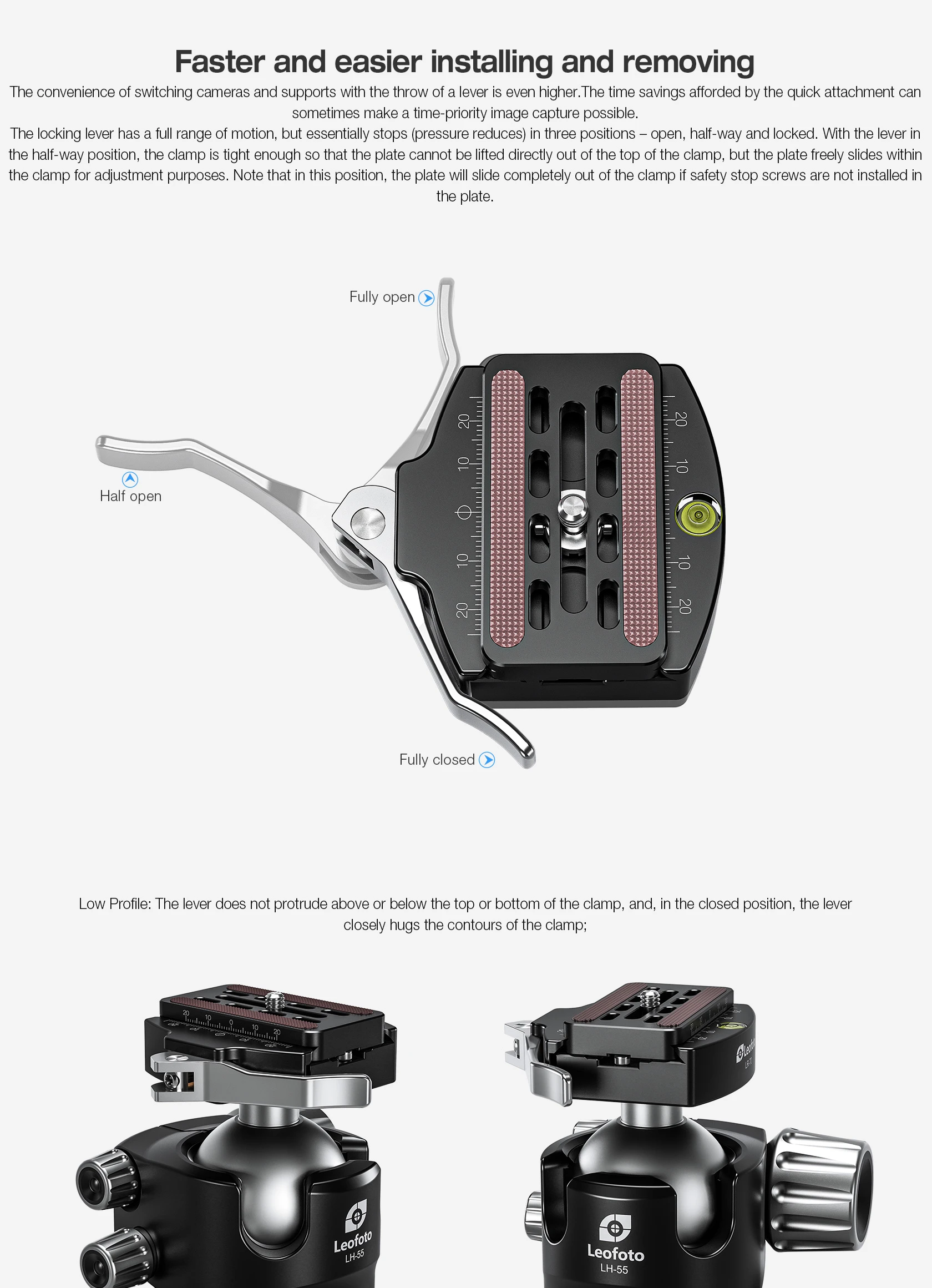 Leofoto Tripod Head with Easy Switch Release and Low Profile Design for Stable Camera Mounting