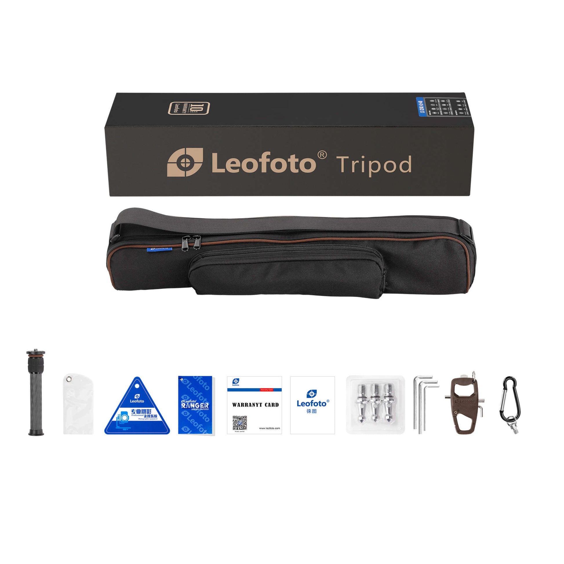 Leofoto tripod with ball head in a carrying case along with accessories and warranty card