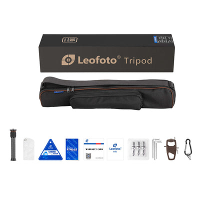 Leofoto tripod with ball head in a carrying case along with accessories and warranty card