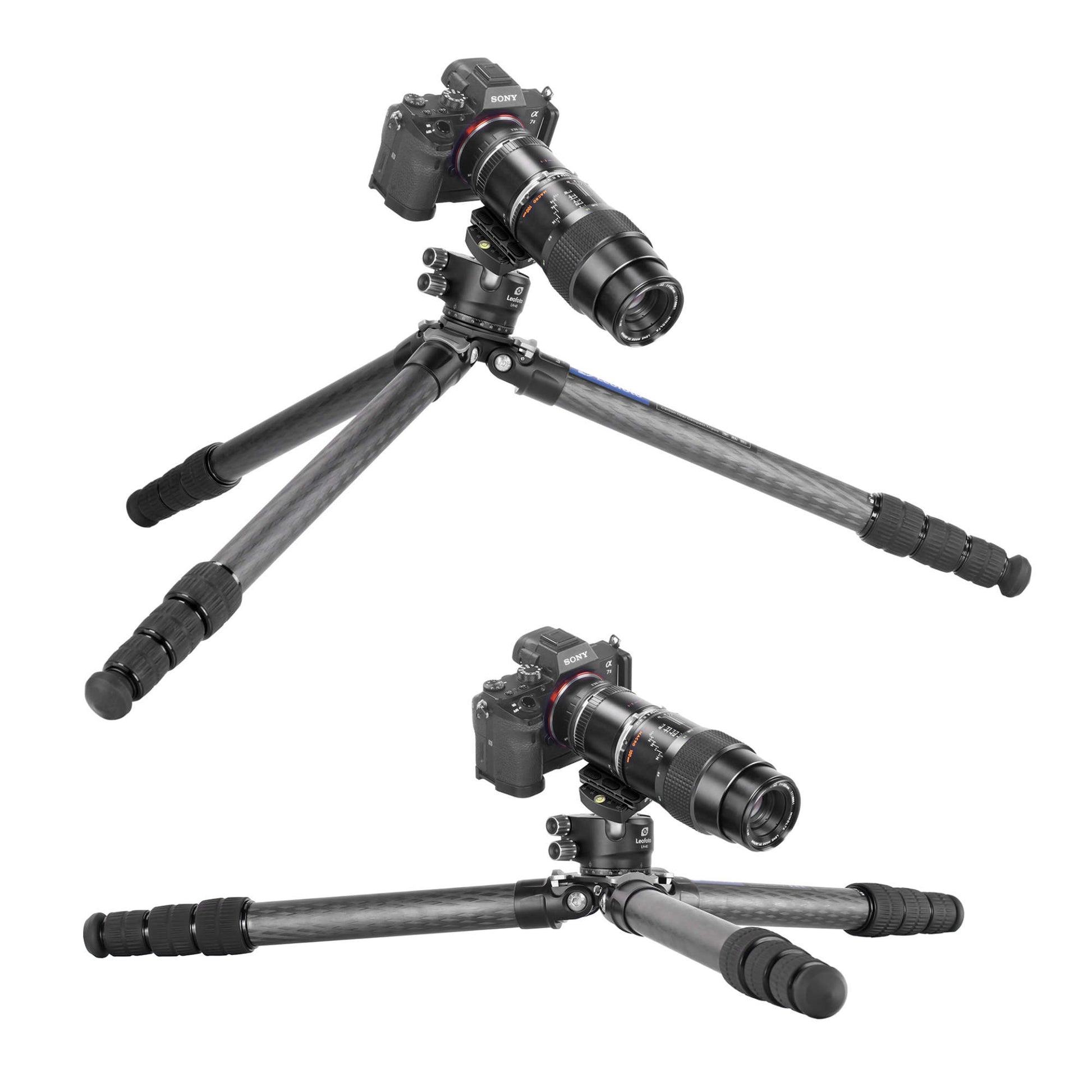 Leofoto tripod with ball head supporting a camera with a telephoto lens on a stable surface