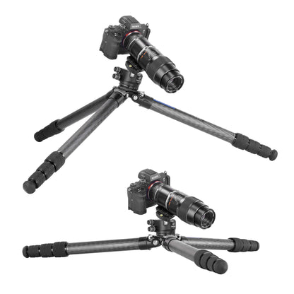 Leofoto tripod with ball head supporting a camera with a telephoto lens on a stable surface