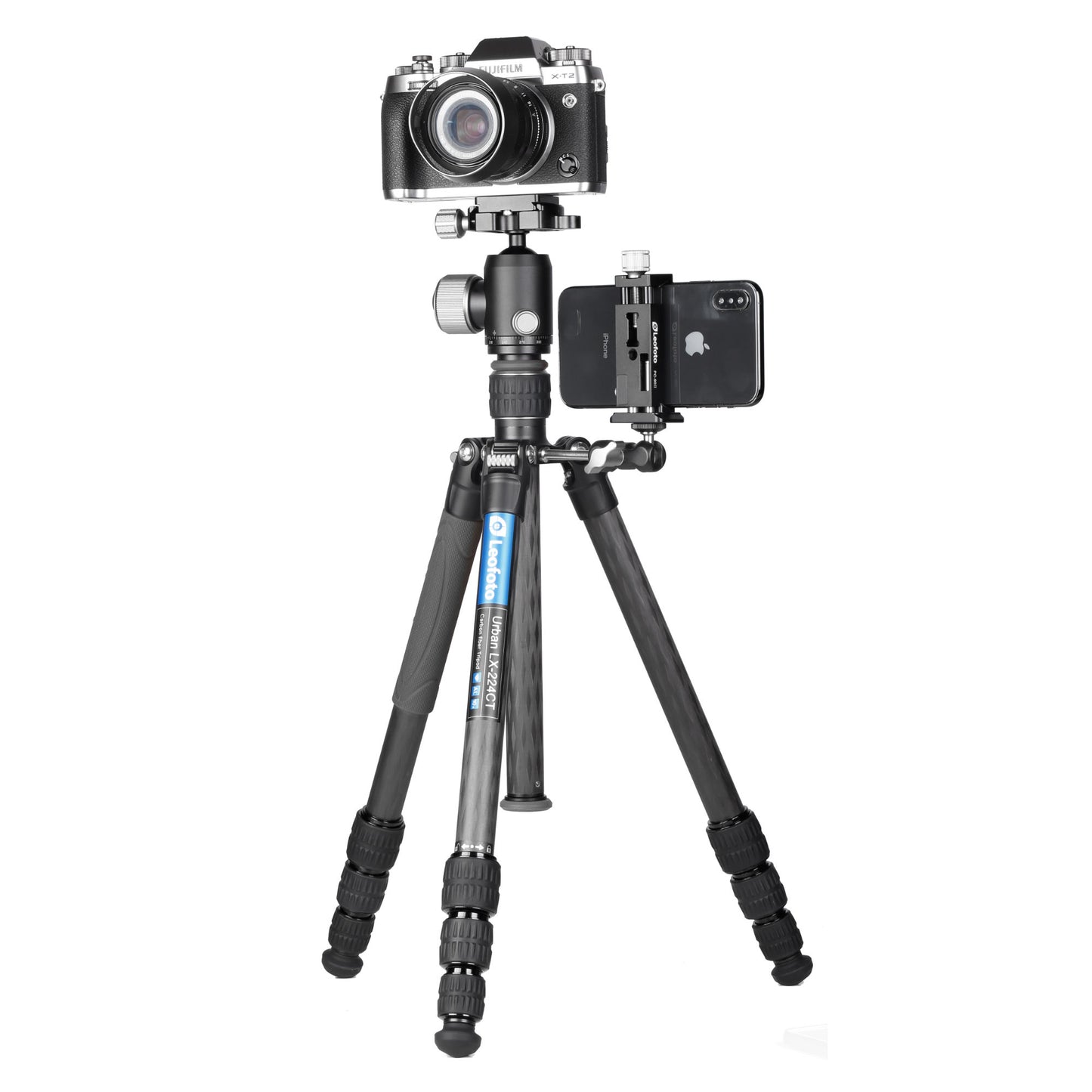 Leofoto tripod with ball head supporting a camera and smartphone for stable photography