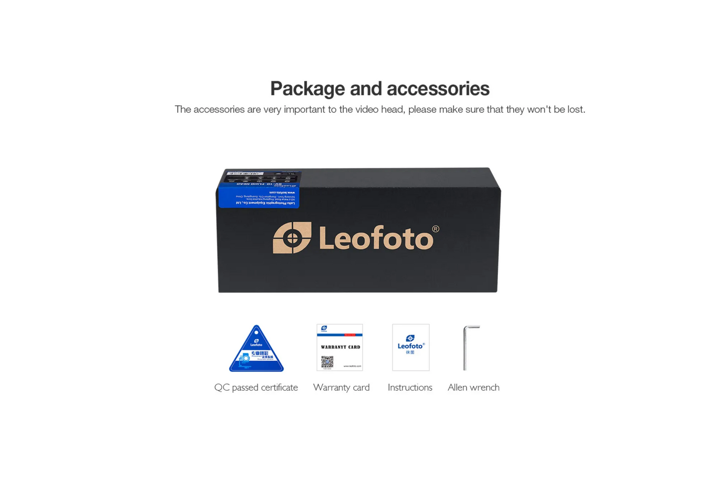Leofoto video fluid head for tripods package with accessories, including warranty card and instruction manual
