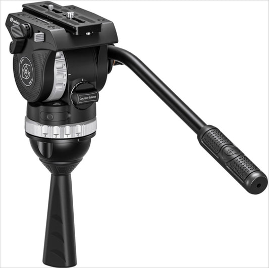 Leofoto video fluid head for tripods with adjustable handle and quick-release plate for smooth camera movements