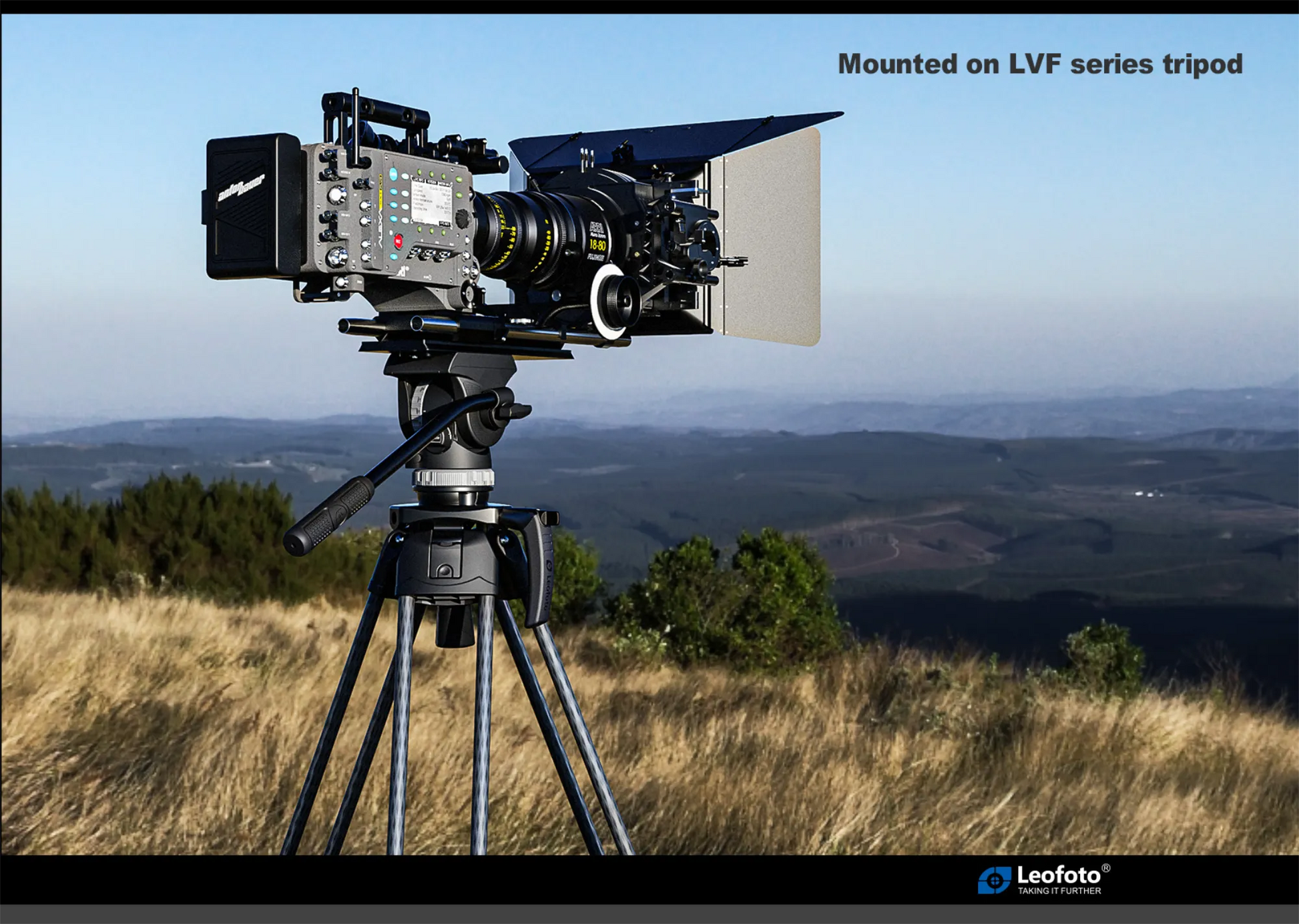 Leofoto video fluid head for tripods mounted on LVF series tripod with a camera setup on a hillside
