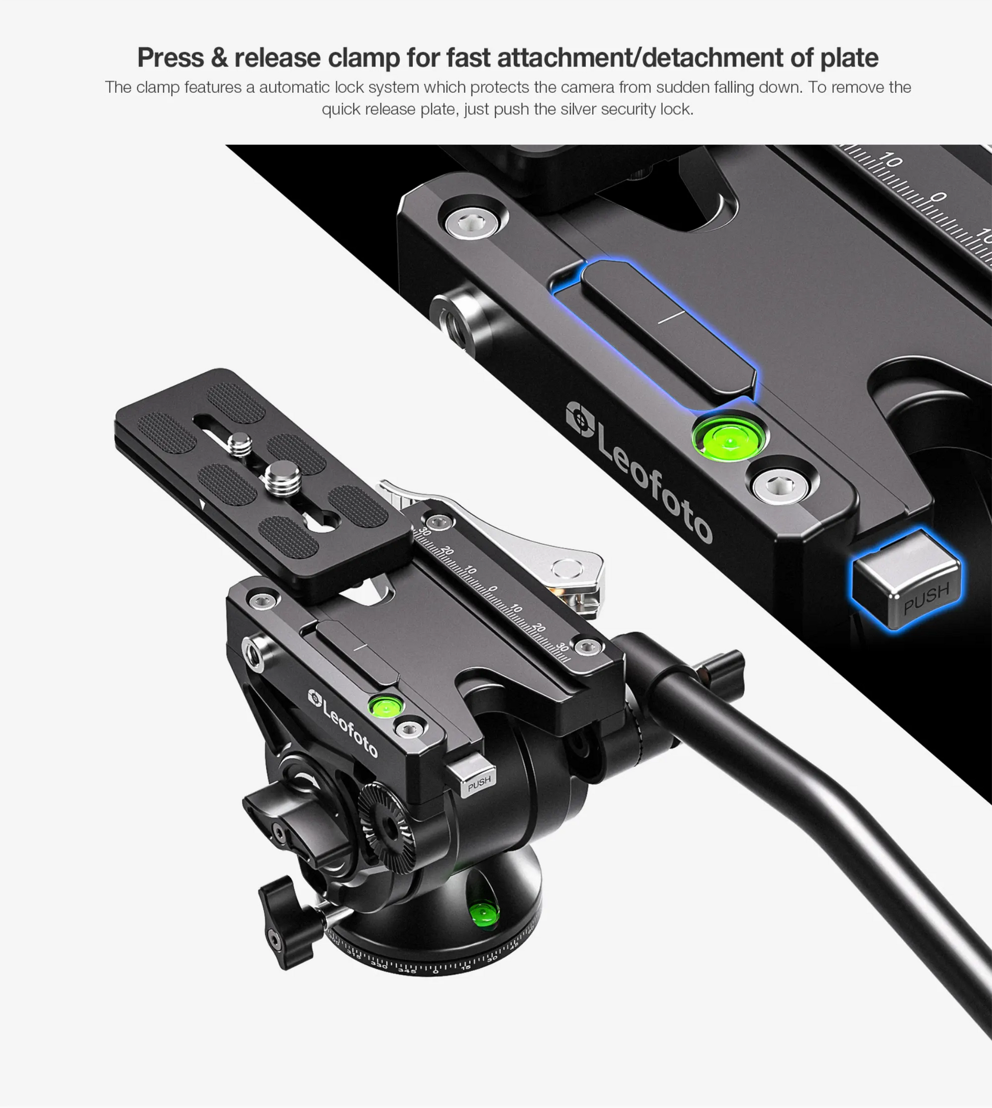 Leofoto video fluid head for tripods with quick release clamp and leveling indicators for easy attachment