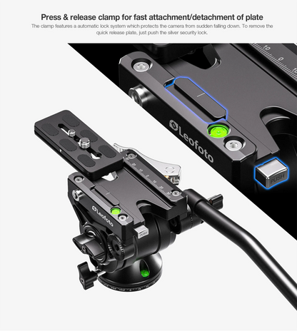 Leofoto video fluid head for tripods with quick release clamp and leveling indicators for easy attachment