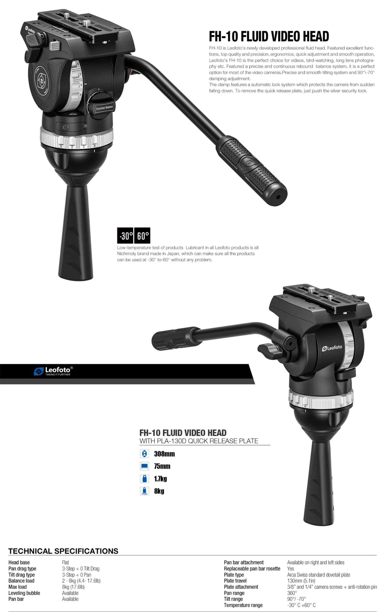 Leofoto FH-10 Fluid Video Head for tripods with 360-degree panning and adjustable handle