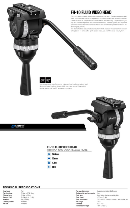 Leofoto FH-10 Fluid Video Head for tripods with 360-degree panning and adjustable handle