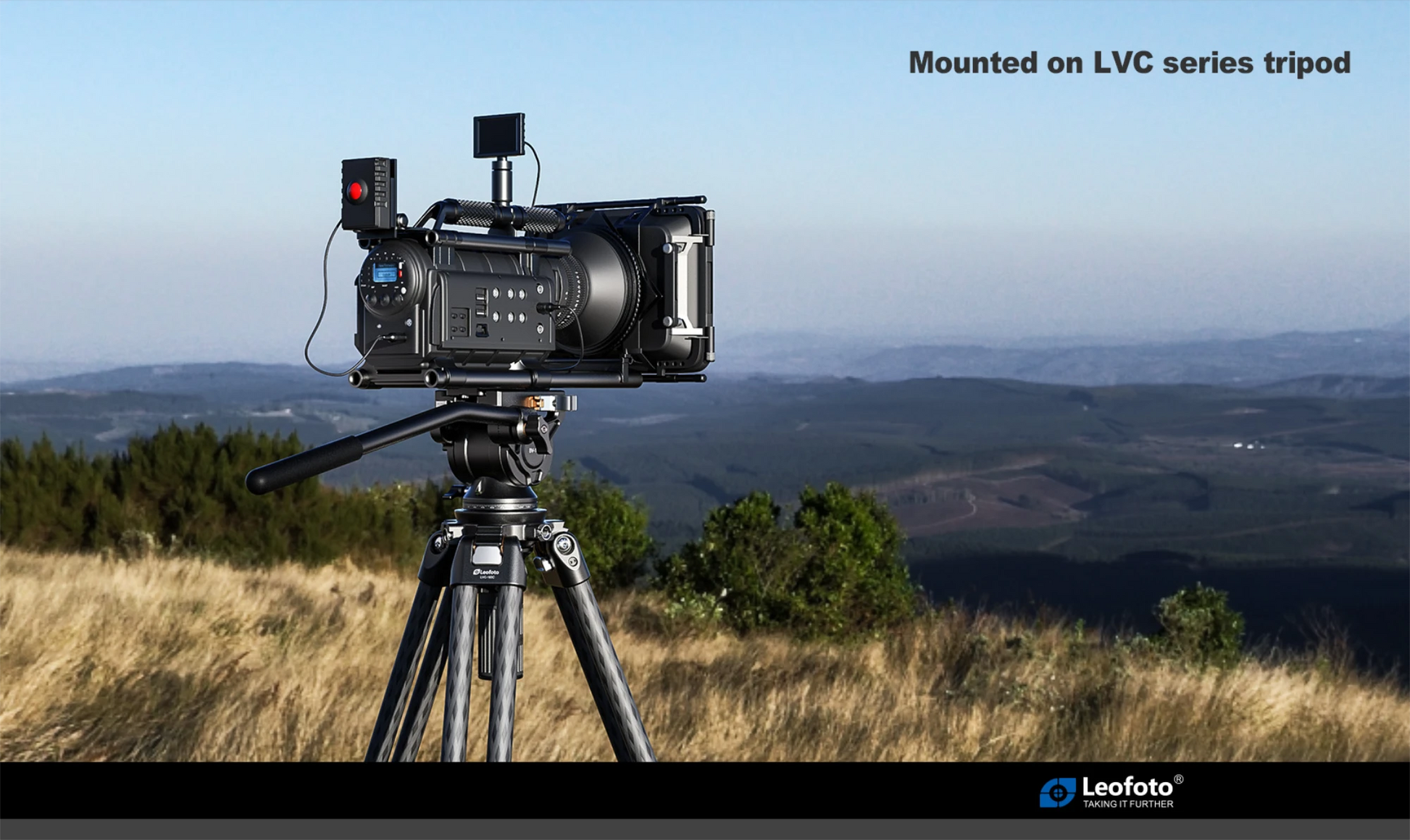 Leofoto video fluid head for tripods mounted on LVC series tripod with scenic background